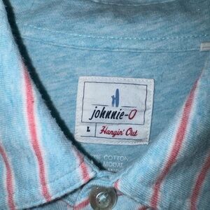 johnnie-O  Hangin’ Out
Light Blue and Red/Pink Striped Polo Shirt
Size: Large